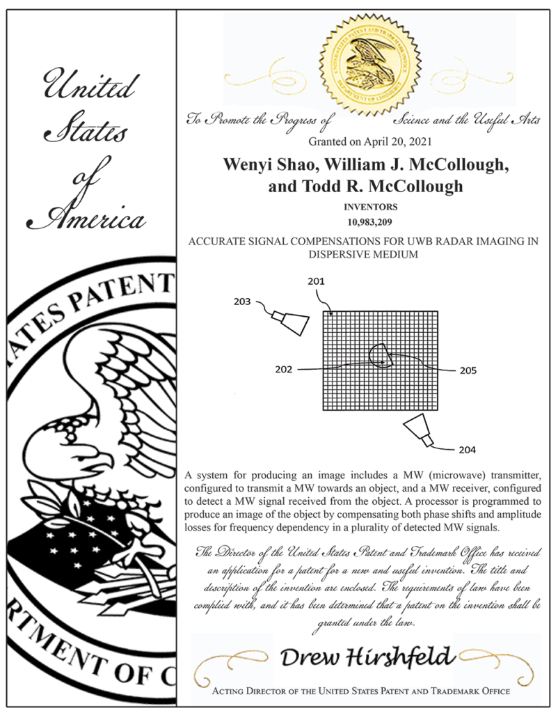 Accurate Signal Compensations UWB Radar Imaging Patent 802x1024 - Accurate Signal Compensations for UWB Radar Imaging in Dispersive Medium Patent named co-inventor on Issued