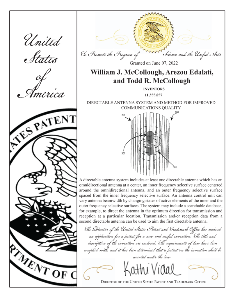 2022 Patent Certicate direcatable antenna v1 801x1024 - Directable Antenna System and Method for Improved Communications Quality Patent named co-inventor on